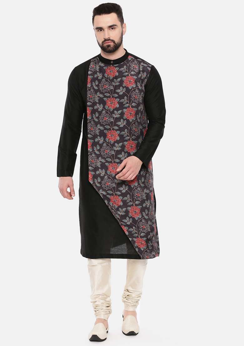 Black Floral Print Overlap Kurta Set For Men - Indya