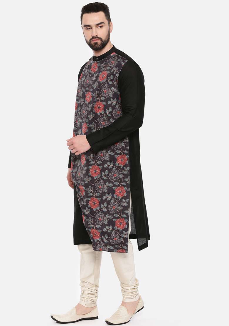 Black Floral Print Overlap Kurta Set For Men - Indya