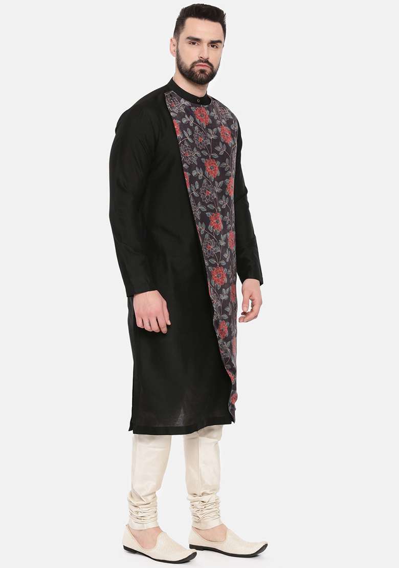 Black Floral Print Overlap Kurta Set For Men - Indya
