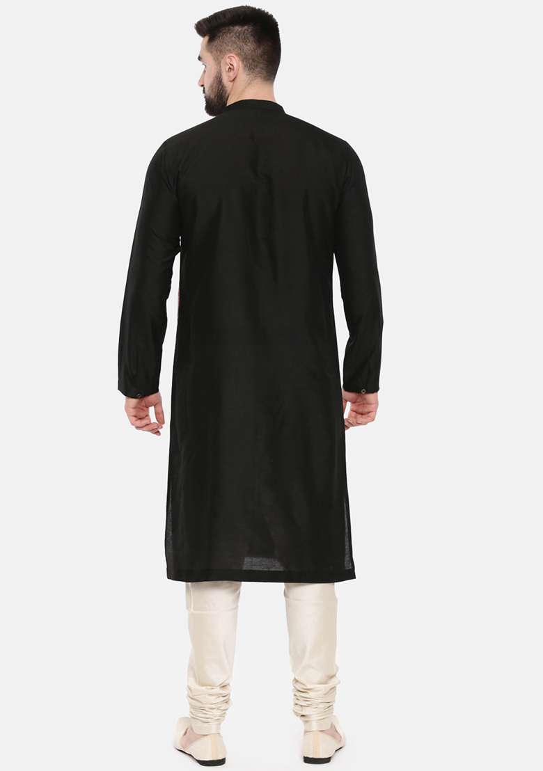 Black Floral Print Overlap Kurta Set For Men - Indya