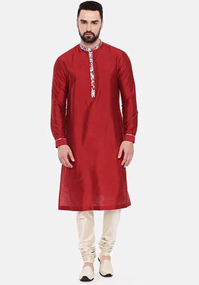 Red Silk Printed Kurta Set For Men