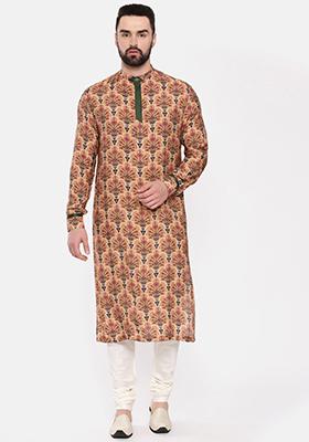 Beige Printed Muslin Kurta Set For Men