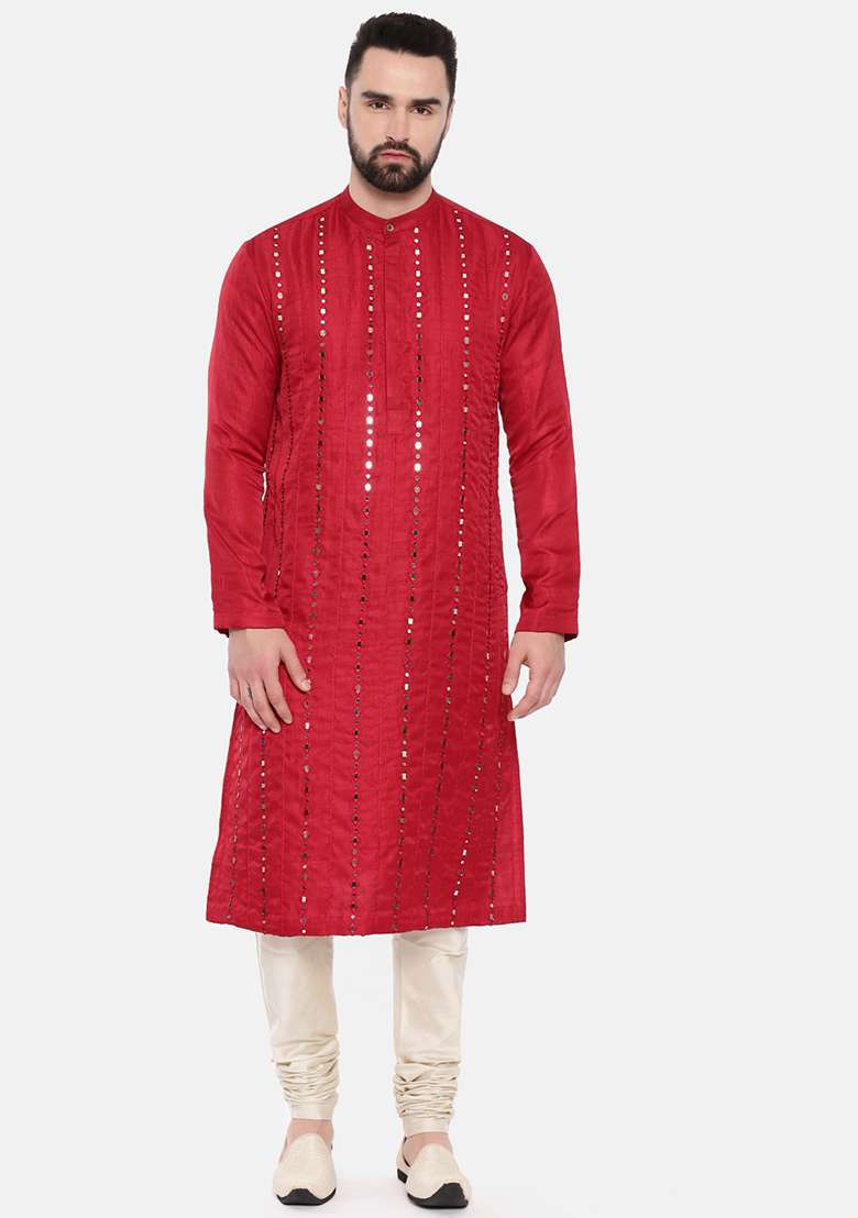Red Mirror Work Silk Blend Kurta Set For Men - Indya