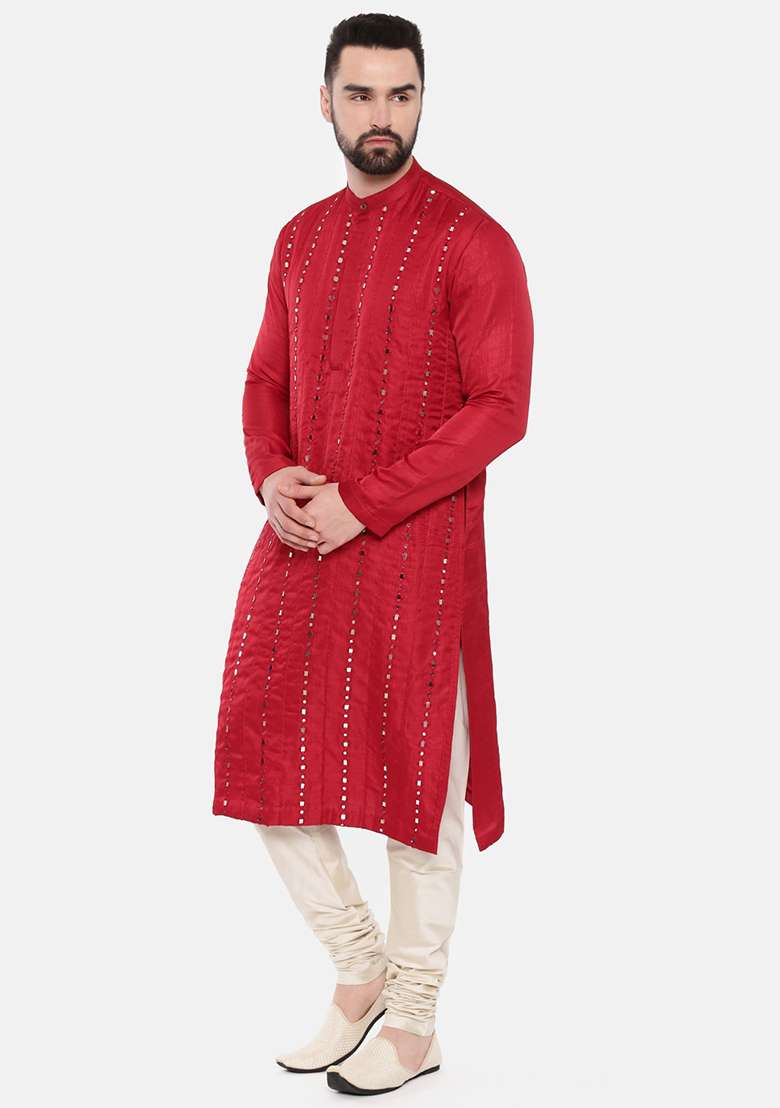 Red Mirror Work Silk Blend Kurta Set For Men - Indya