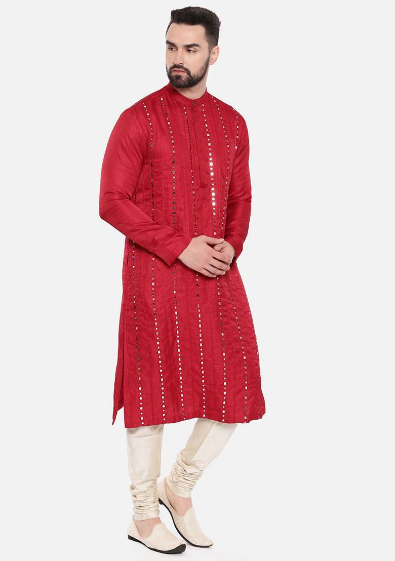 Red Mirror Work Silk Blend Kurta Set For Men - Indya