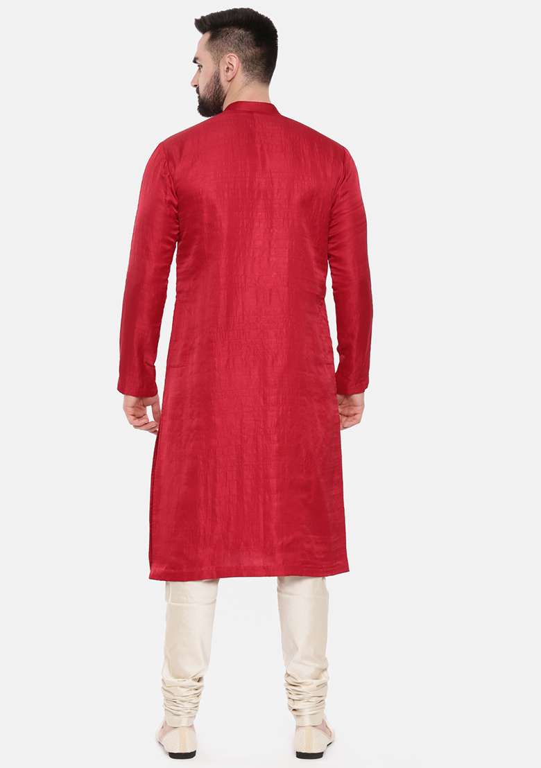 Red Mirror Work Silk Blend Kurta Set For Men - Indya