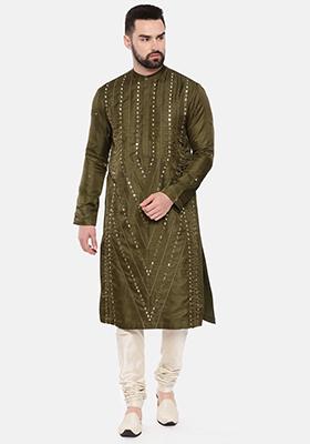 Mehndi Green Mirror Work Silk Kurta Set For Men