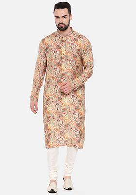 Pink Printed Muslin Kurta Set For Men