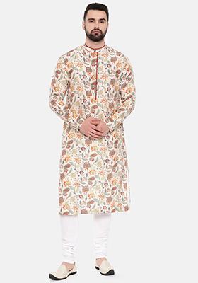 Ivory And Pink Muslin Kurta Set For Men