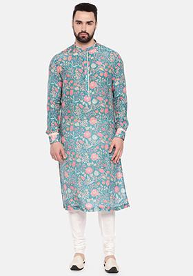 Blue Floral Print Muslin Kurta Set For Men