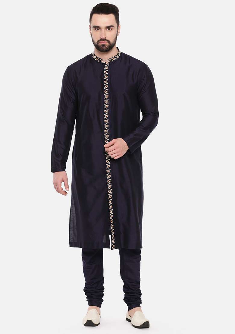 Blue Floral Embroidered Silk Blend Kurta Set For Men - Indya