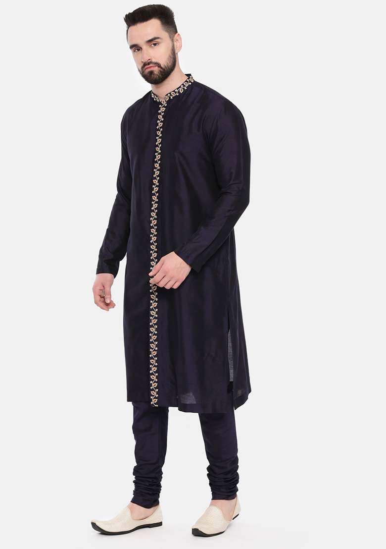 Blue Floral Embroidered Silk Blend Kurta Set For Men - Indya