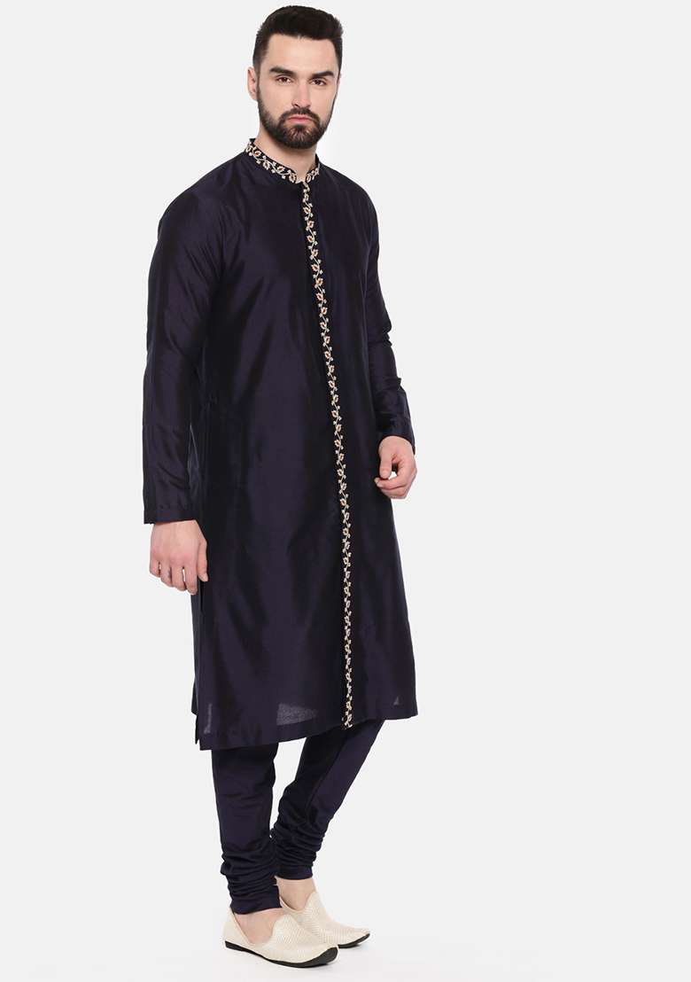 Blue Floral Embroidered Silk Blend Kurta Set For Men - Indya
