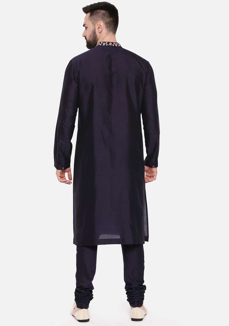 Blue Floral Embroidered Silk Blend Kurta Set For Men - Indya