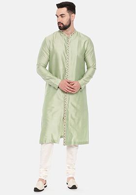 Pista Green Floral Embroidered Silk Kurta Set For Men