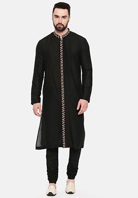 Black Floral Embroidered Silk Kurta Set For Men