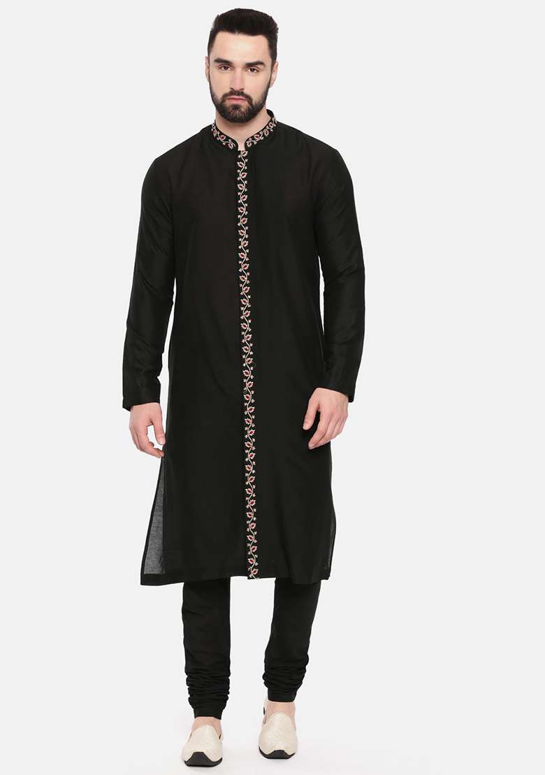 Black Floral Embroidered Silk Blend Kurta Set For Men - Indya
