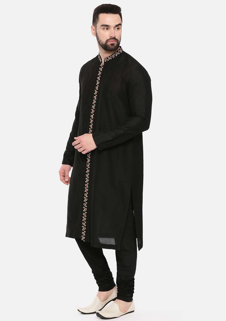 Black Floral Embroidered Silk Blend Kurta Set For Men - Indya