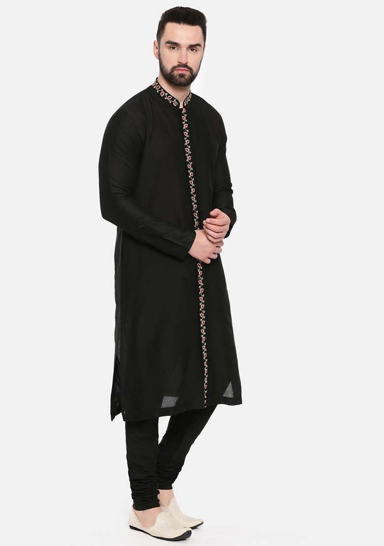 Black Floral Embroidered Silk Blend Kurta Set For Men - Indya