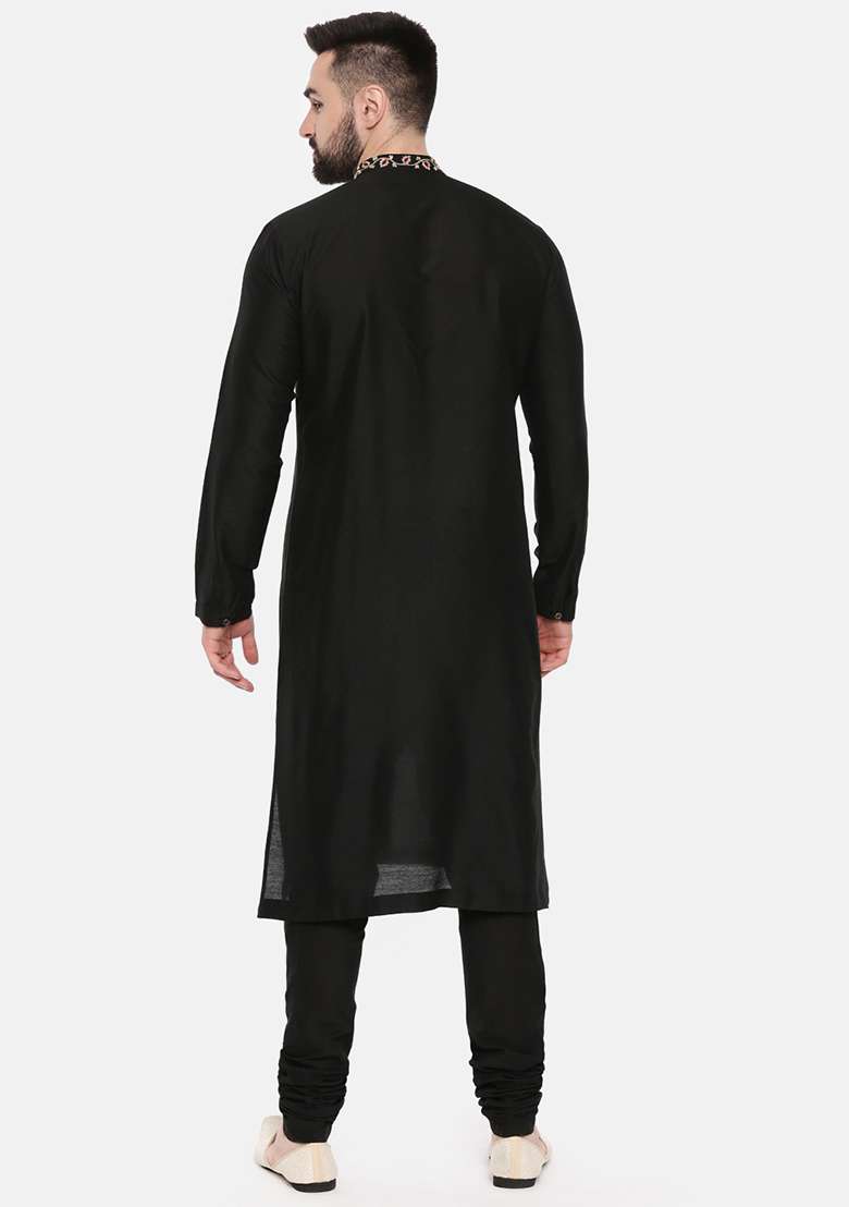 Black Floral Embroidered Silk Blend Kurta Set For Men - Indya