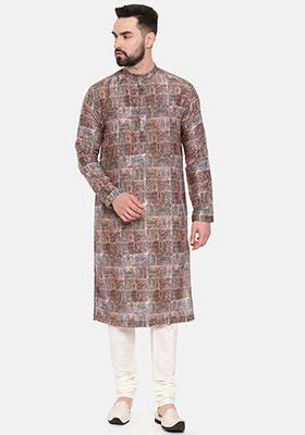 Bronze Printed Linen Kurta Set For Men