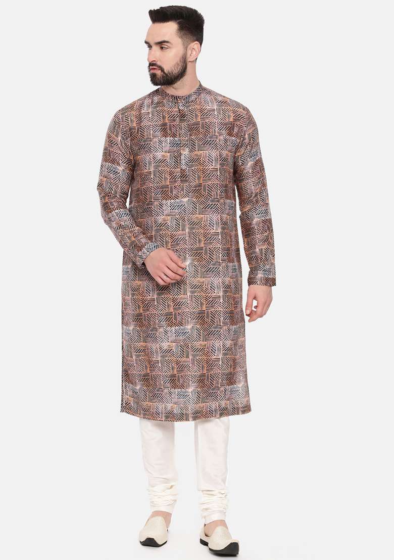 Bronze Printed Linen Kurta Set For Men - Indya