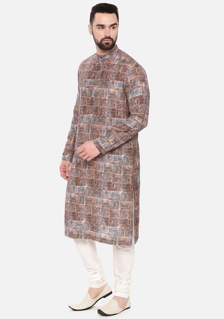 Bronze Printed Linen Kurta Set For Men - Indya