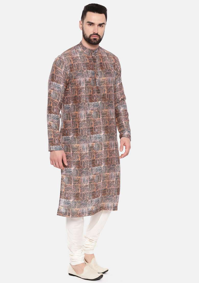 Bronze Printed Linen Kurta Set For Men - Indya