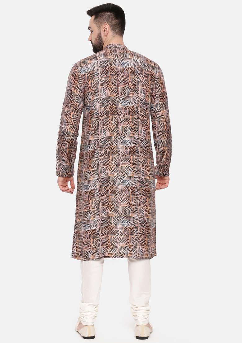 Bronze Printed Linen Kurta Set For Men - Indya