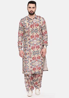 Beige And Blue Printed Muslin Kurta Set For Men