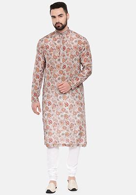 Grey Printed Muslin Kurta Set For Men