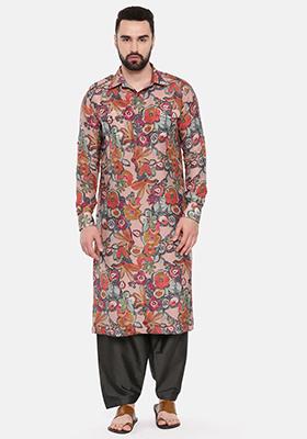 Mauve And Charcoal Printed Muslin Kurta Set For Men