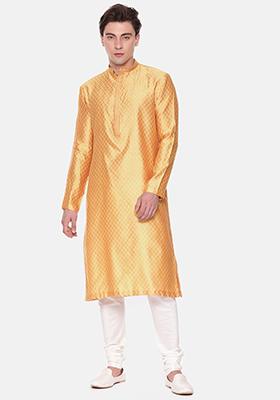 Yellow Jacquard Kurta Set For Men