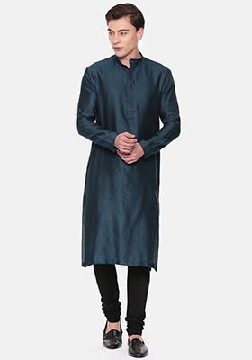 Blue Jacquard Kurta Set For Men