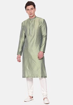 Green Jacquard Kurta Set For Men