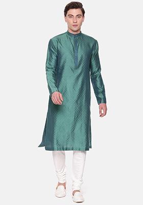 Green And Blue Jacquard Kurta Set For Men