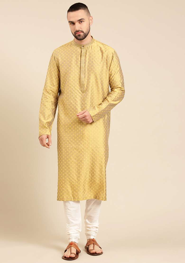 Yellow Jacquard Cotton Silk Blend Kurta Set For Men - Indya