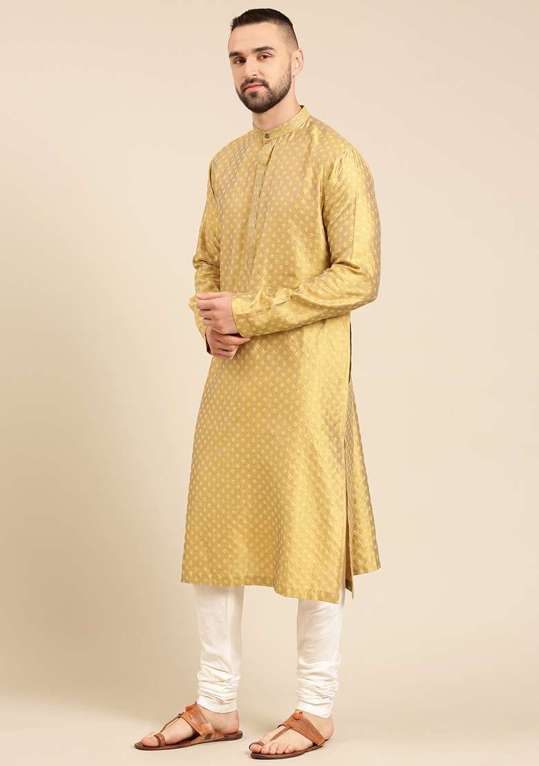 Yellow Jacquard Cotton Silk Blend Kurta Set For Men - Indya