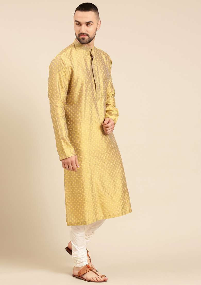 Yellow Jacquard Cotton Silk Blend Kurta Set For Men - Indya