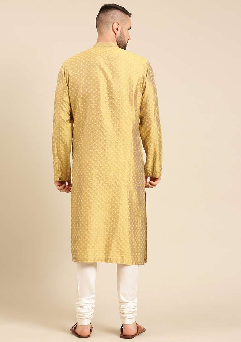 Yellow Jacquard Cotton Silk Blend Kurta Set For Men - Indya