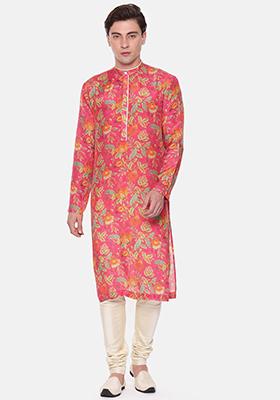 Pink Floral Print Muslin Kurta Set For Men