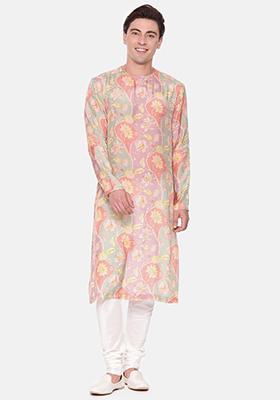 Baby Pink Floral Print Muslin Kurta Set For Men