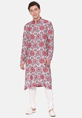 Red And Blue Digital Print Muslin Kurta Set For Men