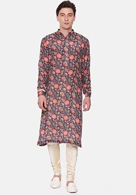 Wine And Brown Digital Print Muslin Kurta Set For Men