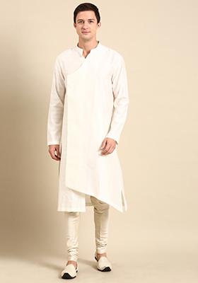 Ivory Silk Jacquard Overlap Kurta Set For Men