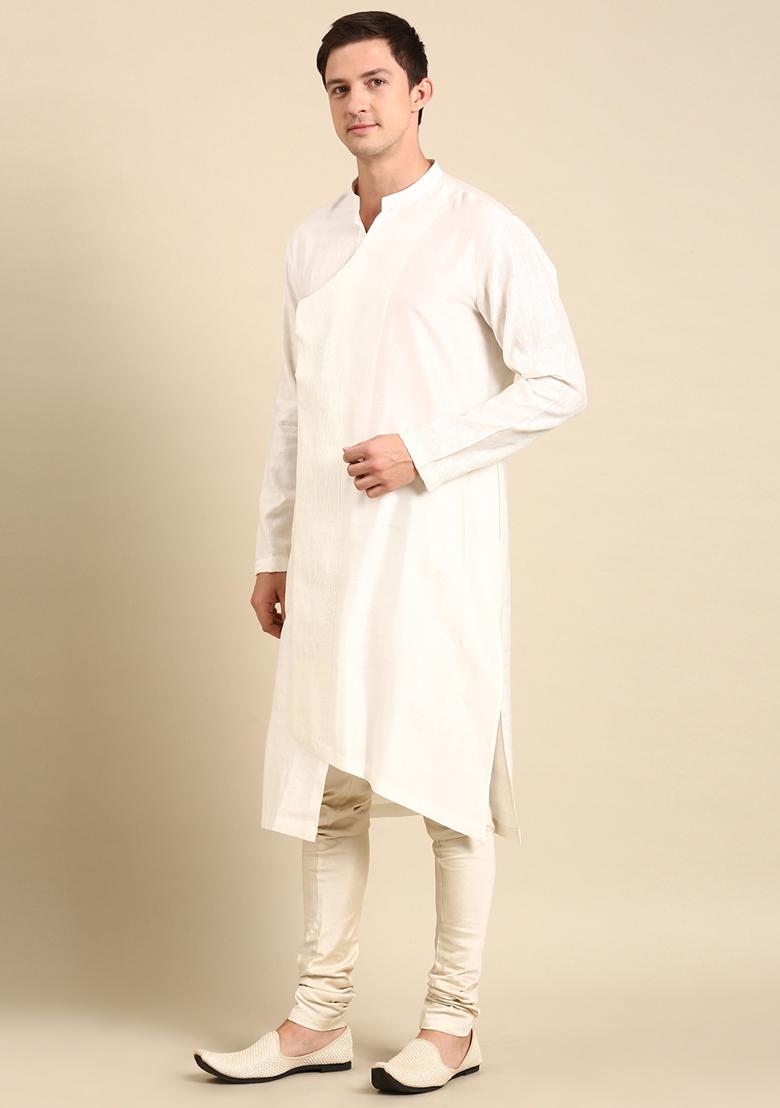 Ivory Silk Jacquard Overlap Kurta Set For Men