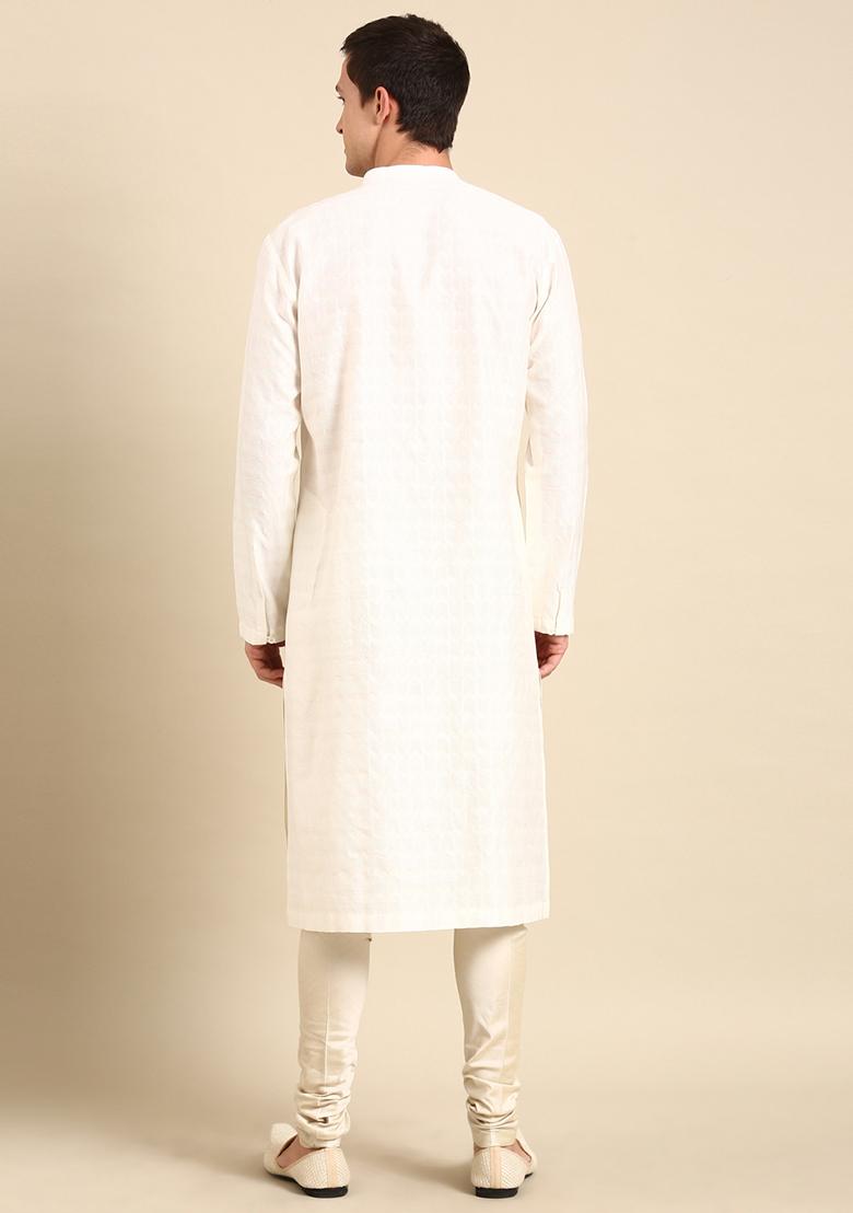 Ivory Silk Jacquard Overlap Kurta Set For Men