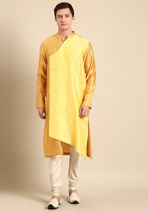 Yellow Silk Jacquard Overlap Kurta Set For Men