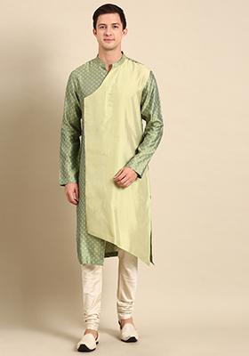 Green Silk Jacquard Overlap Kurta Set For Men