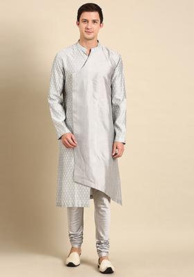 Silver Silk Jacquard Overlap Kurta Set For Men